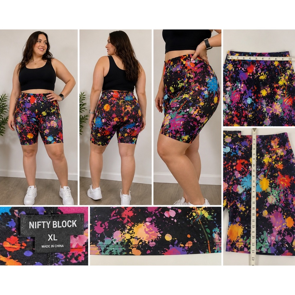 Neon Paint Splatter Festival Biker Shorts Y2K Rave Pop Art Activewear 5xl